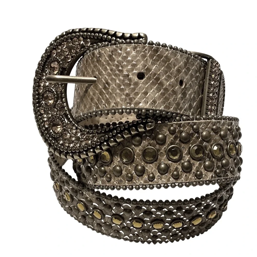 Chicos Womens Snakeskin Studded Rhinestone Western Belt Bronze Gold Buckle Large
